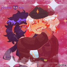 a couple of anime characters hugging each other with the words jeumo x io on the bottom