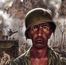 a painting of a soldier wearing a helmet with a tank in the background