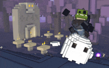 a cartoon character with a green head is sitting on top of a white object