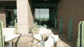 a computer generated image of a patio with cactus and a couch
