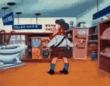 a cartoon character is standing in a store with a gun .