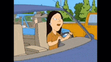 a cartoon of a woman driving a car with a yellow truck behind her .