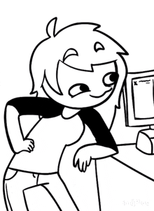 a black and white drawing of a girl smiling in front of a computer