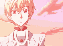 a close up of a person 's face with a pink sky in the background and the word cherry on the bottom
