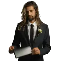 a man with long hair and a beard is wearing a suit