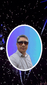 a man wearing sunglasses is surrounded by fireworks and the word ha