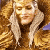 a woman with long white hair is wearing a gold costume and a gold crown .