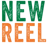 a green and orange sign that says " new reel "