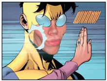 a comic book scene with a woman holding a man 's hand and the word wham on the top