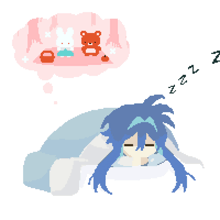 a pixel art of a girl sleeping and dreaming of a teddy bear and a rabbit