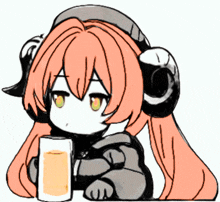 a drawing of a girl with horns holding a glass