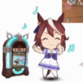 a cartoon horse is dancing next to a jukebox with music notes coming out of it .