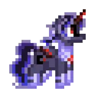 a pixel art drawing of a pony with a red horn