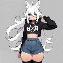 a white haired anime girl wearing a black hoodie and shorts .