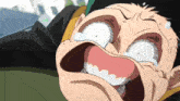 a close up of a cartoon character 's face with his mouth open and tears coming out of it .