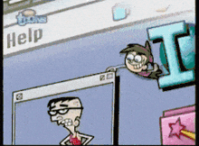 a cartoon character is standing in front of a computer screen that says help