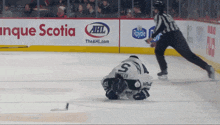 a hockey player laying on the ice with the number 5 on his jersey