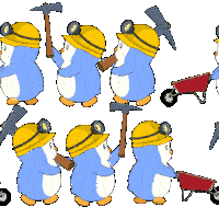 a penguin wearing a hard hat holds a hammer and a wheelbarrow