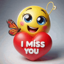 a yellow smiley face is holding a red heart that says " i miss you "