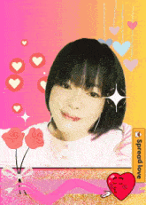a picture of a girl with hearts around her and the words spread love on the bottom