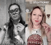 two women are wearing headphones and one is wearing a shirt that says ' broken ' on it