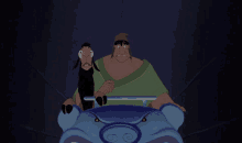a man and a llama are riding on a blue vehicle