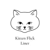 a black and white drawing of a cat with kitten flick liner written below it