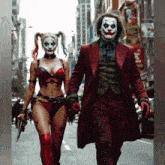 the joker and harley quinn are walking down the street