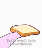 a cartoon rabbit is holding a piece of bunny bread next to a purple rabbit .
