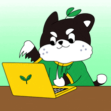 a cartoon of a dog using a yellow laptop