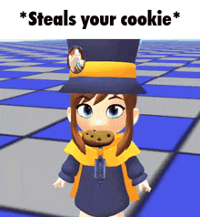 a cartoon character with a cookie in her mouth and the words " steals your cookie " on the bottom