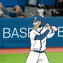 a baseball player is swinging a bat in front of a base logo