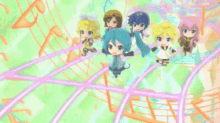 a cartoon girl with blue hair is smiling with her arms outstretched .