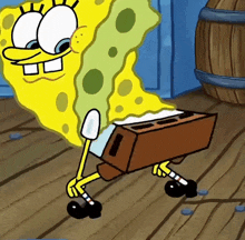 a cartoon of spongebob walking on a wooden floor with a box on his back