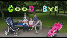 a group of people sitting on a park bench with the words good bye written above them