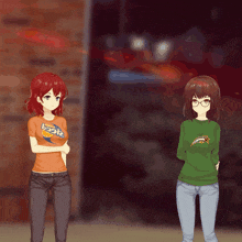 two anime girls are standing next to each other and one has a shirt that says doritos on it
