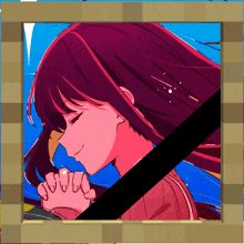 a picture of a girl praying with a black ribbon around her neck