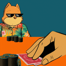 a cartoon cat wearing sunglasses is playing poker with a hand