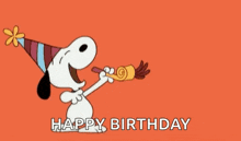 snoopy is wearing a party hat and blowing a party horn on a happy birthday card .