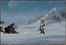 a cartoon character is standing in a snowy field with mountains in the background