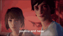 a man and a woman are standing next to each other and the words paulina and neve are on the bottom of the screen .