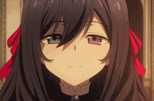 a close up of a girl 's face with long black hair and two different colored eyes