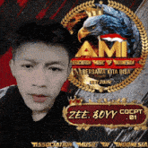 a young man stands in front of a logo for the association of music of indonesia