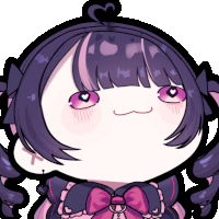 a drawing of a girl with purple hair and pink eyes