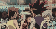 a group of anime characters sitting around a table