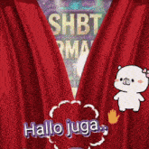 a red curtain with the word shbt written on it