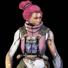 a woman with pink hair is wearing a pink vest with a triangle on it