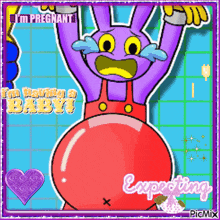 a cartoon of a purple rabbit holding a red balloon with the words i 'm pregnant written on it