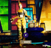 a video game character is dancing in front of a drum set and a purple circle that says emote