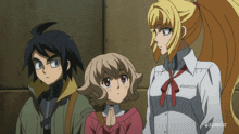three anime characters standing next to each other with sunrise written on the bottom left